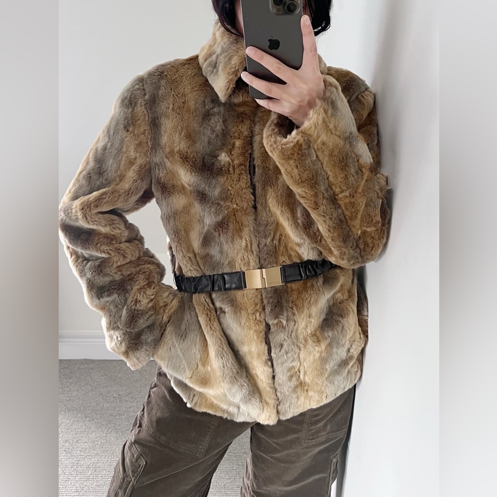 Vintage Ice Jeans by Iceberg Faux Fur Jacket with Belt Made in Italy size 46